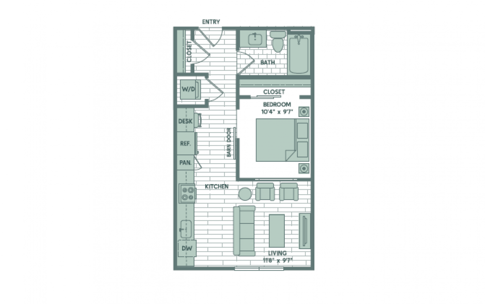 A1 - 1 bedroom floorplan layout with 1 bath and 525 square feet.